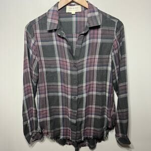 Cloth & Stone Shirt Flannel Raw Hem Gray Pink Plaid Rayon Casual Boho Comfy S